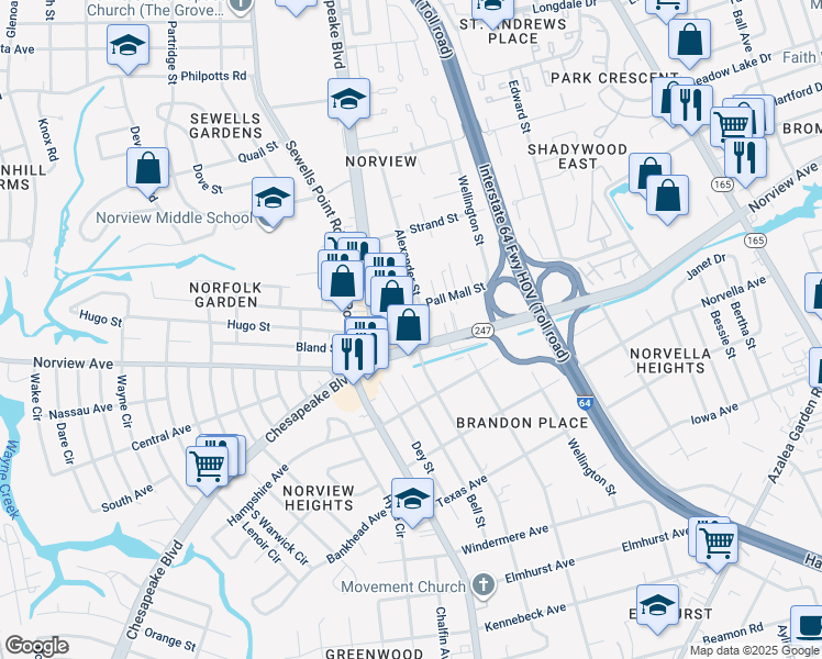 map of restaurants, bars, coffee shops, grocery stores, and more near 1232 Norview Avenue in Norfolk