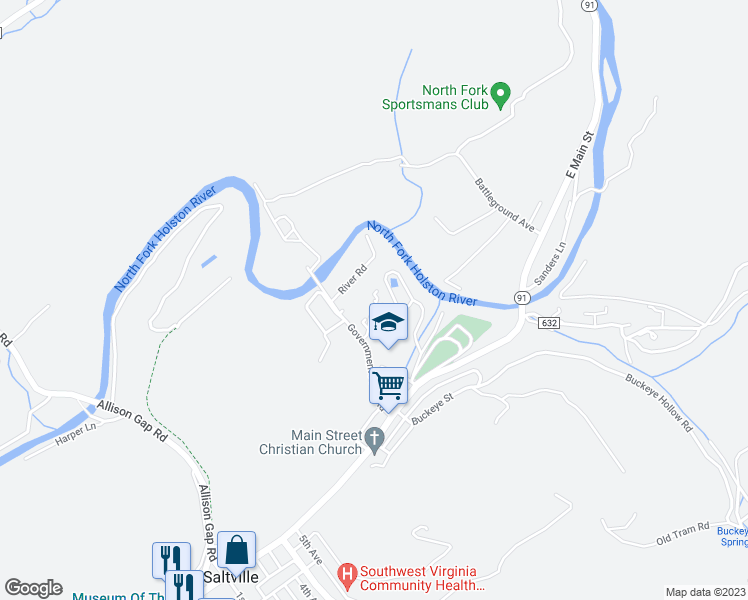 map of restaurants, bars, coffee shops, grocery stores, and more near 214 Elizabeth Street in Saltville