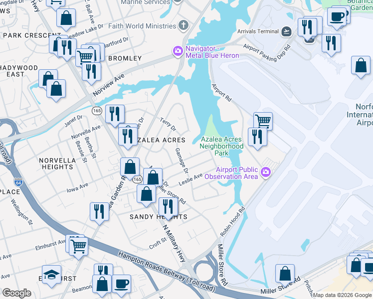 map of restaurants, bars, coffee shops, grocery stores, and more near 3451 Modlin Court in Norfolk