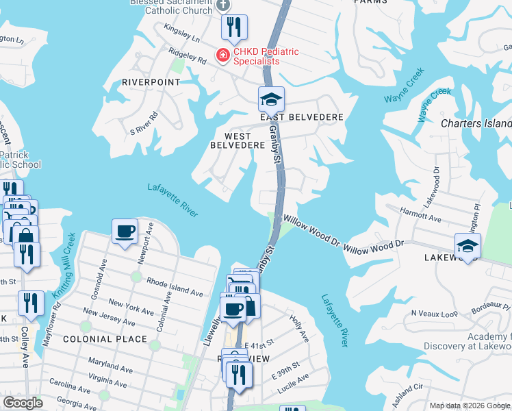 map of restaurants, bars, coffee shops, grocery stores, and more near 5501 Willow Grove Court in Norfolk