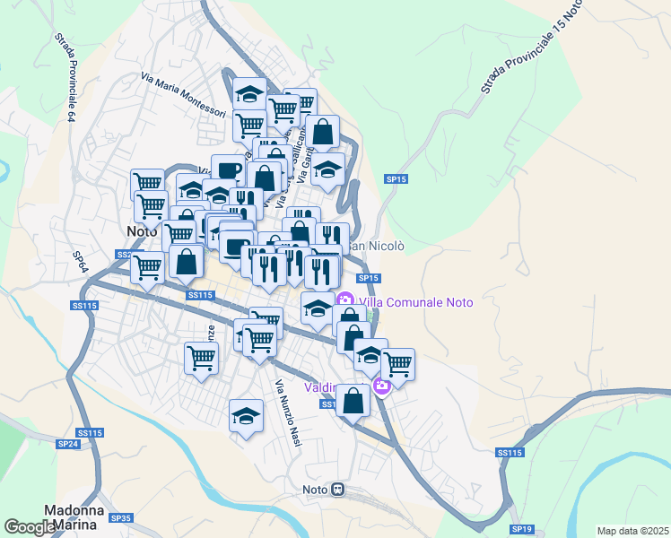 map of restaurants, bars, coffee shops, grocery stores, and more near 135 Via Camillo Benso Conte di Cavour in Noto