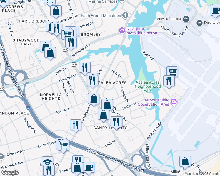 map of restaurants, bars, coffee shops, grocery stores, and more near 5740 Roper Drive in Norfolk