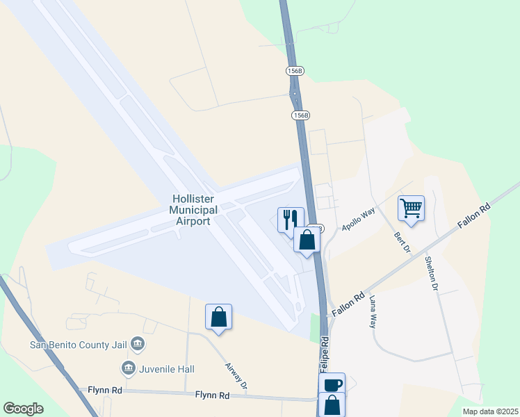map of restaurants, bars, coffee shops, grocery stores, and more near 234B Skylane Drive in Hollister