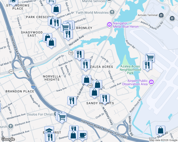 map of restaurants, bars, coffee shops, grocery stores, and more near 5724 Azalea Garden Road in Norfolk