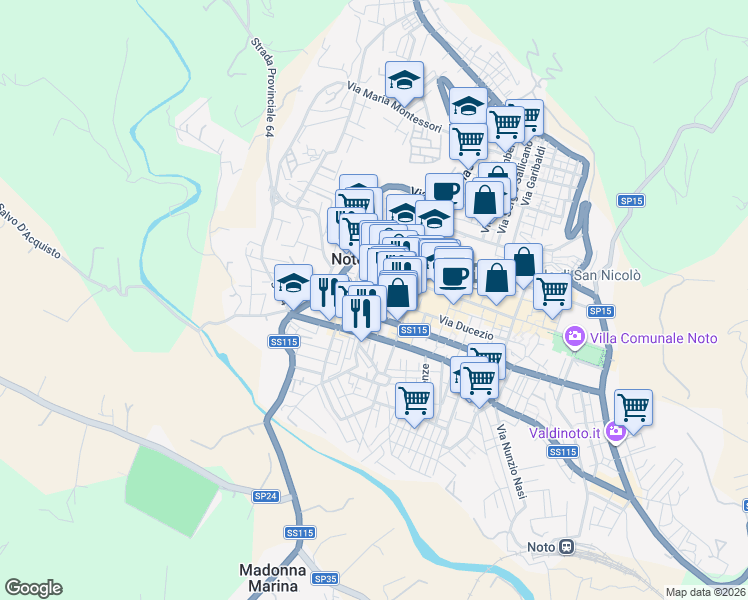 map of restaurants, bars, coffee shops, grocery stores, and more near Via Ruggero II in Motta Sant'Anastasia