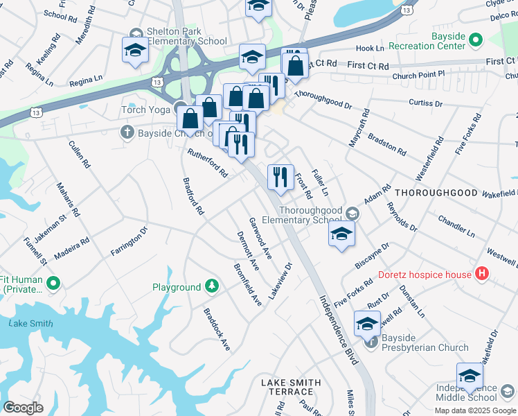 map of restaurants, bars, coffee shops, grocery stores, and more near 1533 Lakeview Drive in Virginia Beach