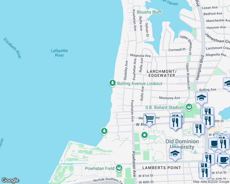 map of restaurants, bars, coffee shops, grocery stores, and more near 5232 Edgewater Drive in Norfolk