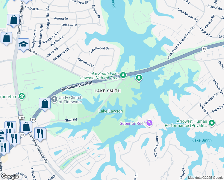 map of restaurants, bars, coffee shops, grocery stores, and more near 5428 Shell Road in Virginia Beach