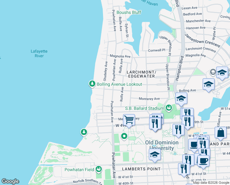 map of restaurants, bars, coffee shops, grocery stores, and more near 1545 Bolling Avenue in Norfolk