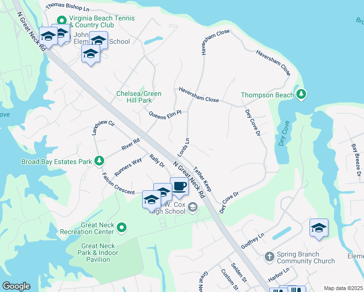 map of restaurants, bars, coffee shops, grocery stores, and more near 2113 Lords Landing in Virginia Beach