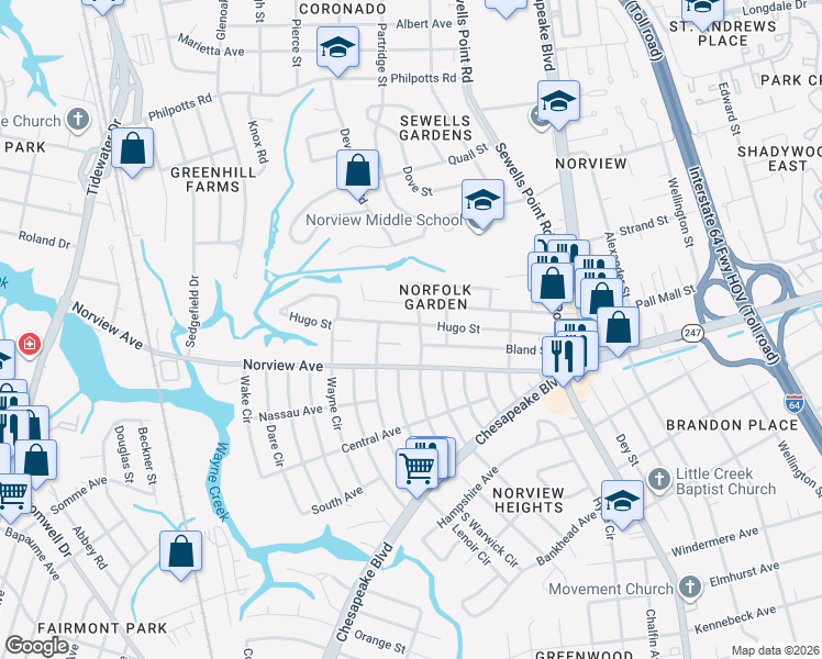 map of restaurants, bars, coffee shops, grocery stores, and more near 1015 Hugo Street in Norfolk