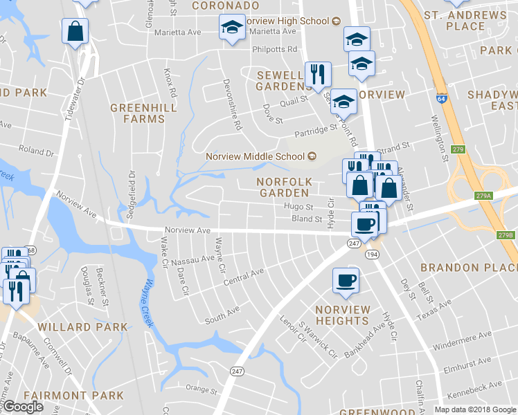 map of restaurants, bars, coffee shops, grocery stores, and more near 1015 Hugo Street in Norfolk