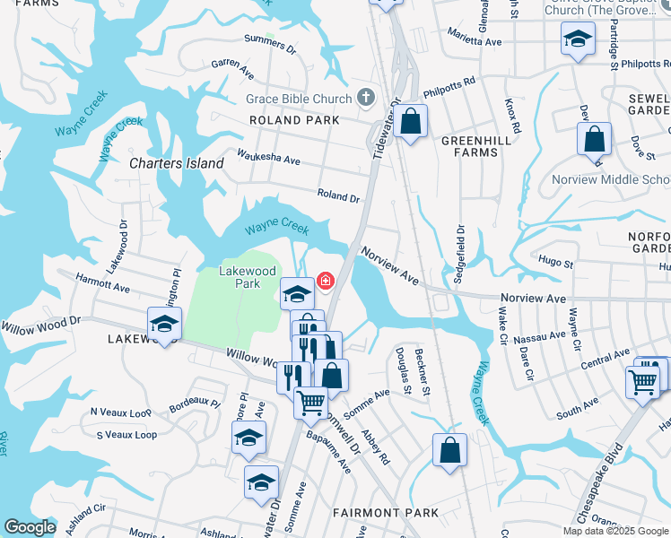 map of restaurants, bars, coffee shops, grocery stores, and more near in Norfolk