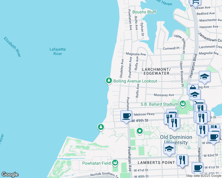 map of restaurants, bars, coffee shops, grocery stores, and more near 5232 Edgewater Drive in Norfolk