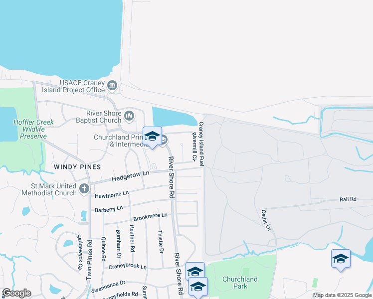map of restaurants, bars, coffee shops, grocery stores, and more near 5678 Rivermill Circle in Portsmouth