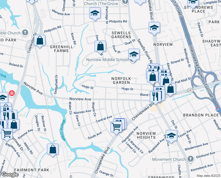 map of restaurants, bars, coffee shops, grocery stores, and more near 1015 Hugo Street in Norfolk