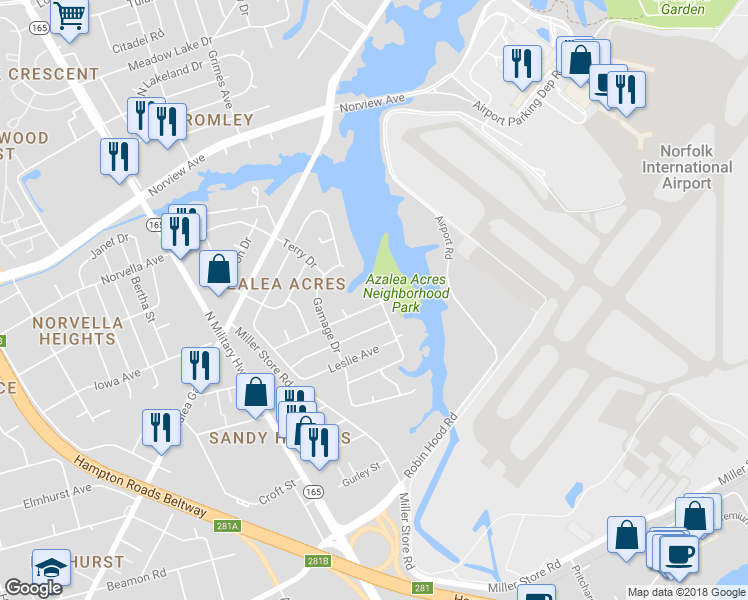 map of restaurants, bars, coffee shops, grocery stores, and more near 5832 Townley Avenue in Norfolk