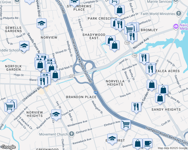 map of restaurants, bars, coffee shops, grocery stores, and more near 5214 Poston Lane in Norfolk