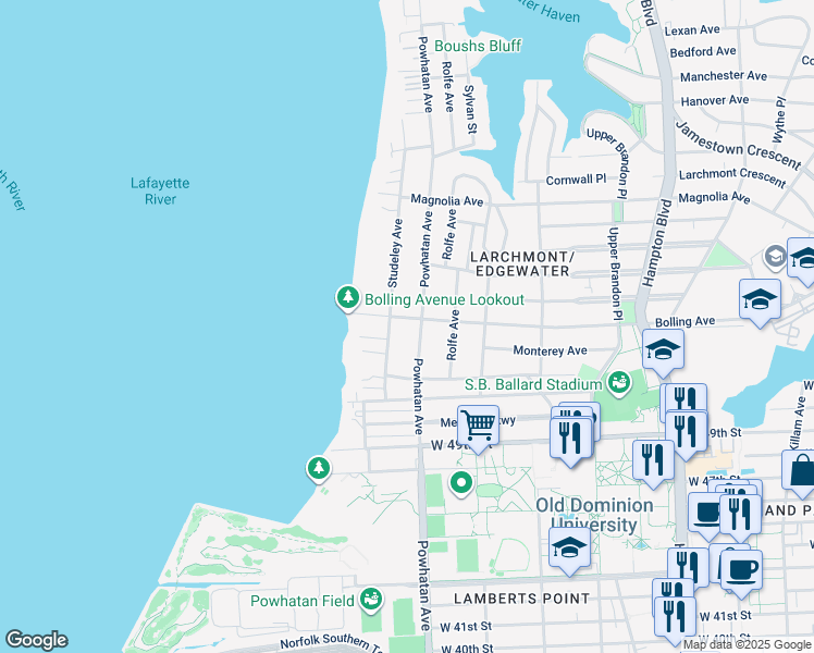 map of restaurants, bars, coffee shops, grocery stores, and more near 1611 Bolling Avenue in Norfolk