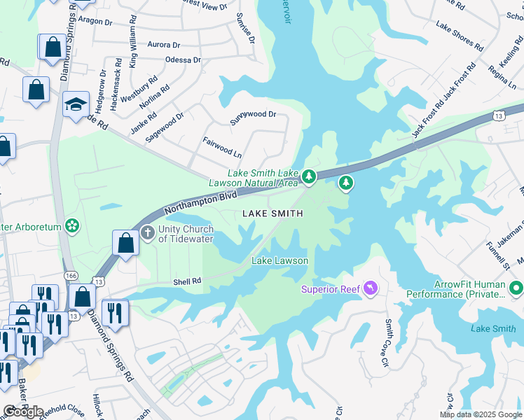 map of restaurants, bars, coffee shops, grocery stores, and more near 5312 Pandoria Avenue in Virginia Beach
