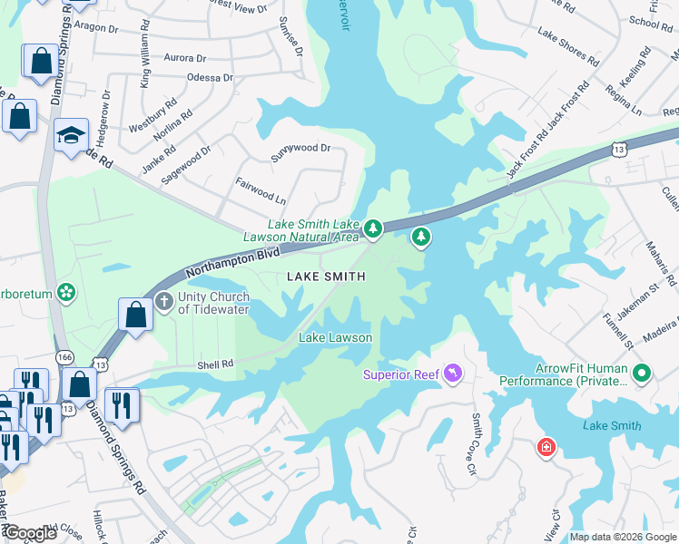 map of restaurants, bars, coffee shops, grocery stores, and more near 5428 Shell Road in Virginia Beach