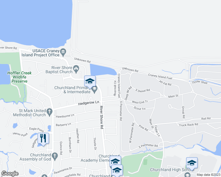 map of restaurants, bars, coffee shops, grocery stores, and more near 4427 Rivermill Court in Portsmouth
