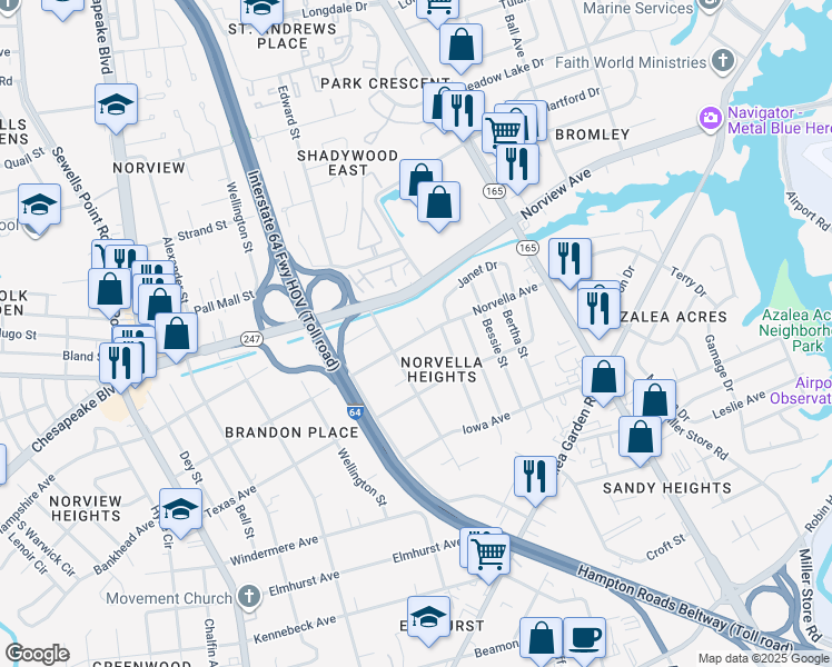 map of restaurants, bars, coffee shops, grocery stores, and more near 5261 Norvella Avenue in Norfolk