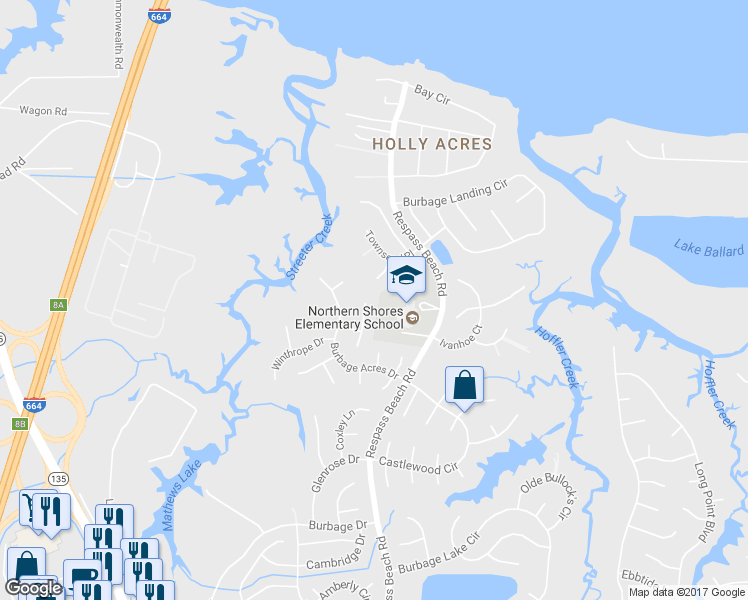 map of restaurants, bars, coffee shops, grocery stores, and more near 6426 Aberdeen Place in Suffolk
