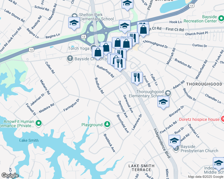 map of restaurants, bars, coffee shops, grocery stores, and more near 1421 Lakeside Road in Virginia Beach