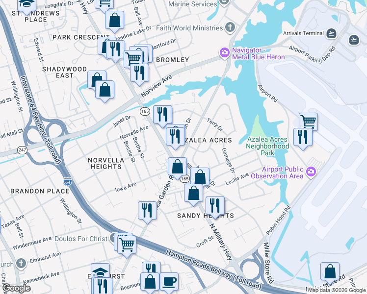 map of restaurants, bars, coffee shops, grocery stores, and more near 5724 Azalea Garden Road in Norfolk