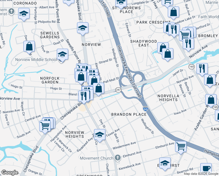 map of restaurants, bars, coffee shops, grocery stores, and more near 1260 Norview Avenue in Norfolk