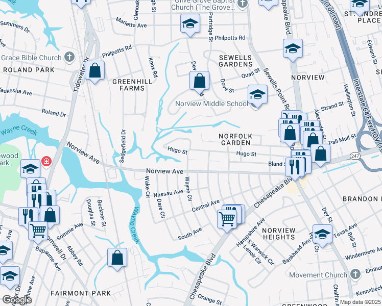 map of restaurants, bars, coffee shops, grocery stores, and more near 6125 Wayne Circle in Norfolk