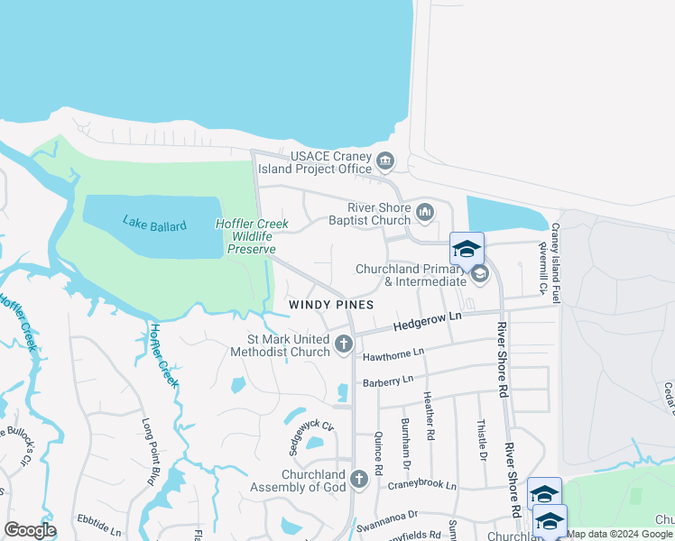 map of restaurants, bars, coffee shops, grocery stores, and more near 5802 Pleasant Woods Court in Portsmouth