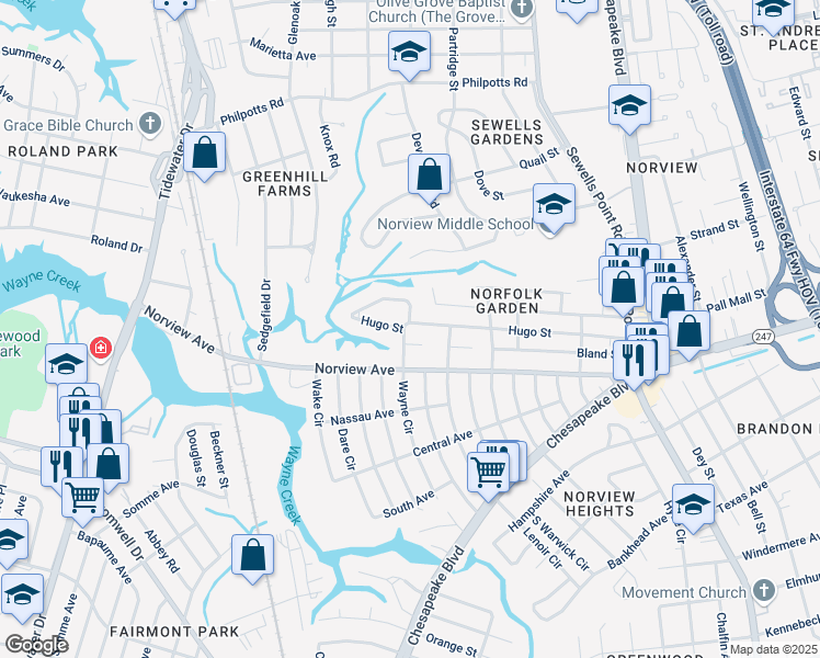 map of restaurants, bars, coffee shops, grocery stores, and more near 6125 Wayne Circle in Norfolk