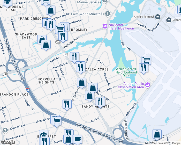 map of restaurants, bars, coffee shops, grocery stores, and more near 5736 Andrea Drive in Norfolk