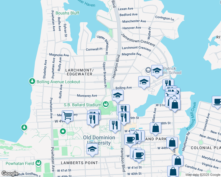 map of restaurants, bars, coffee shops, grocery stores, and more near 1214 Bolling Avenue in Norfolk