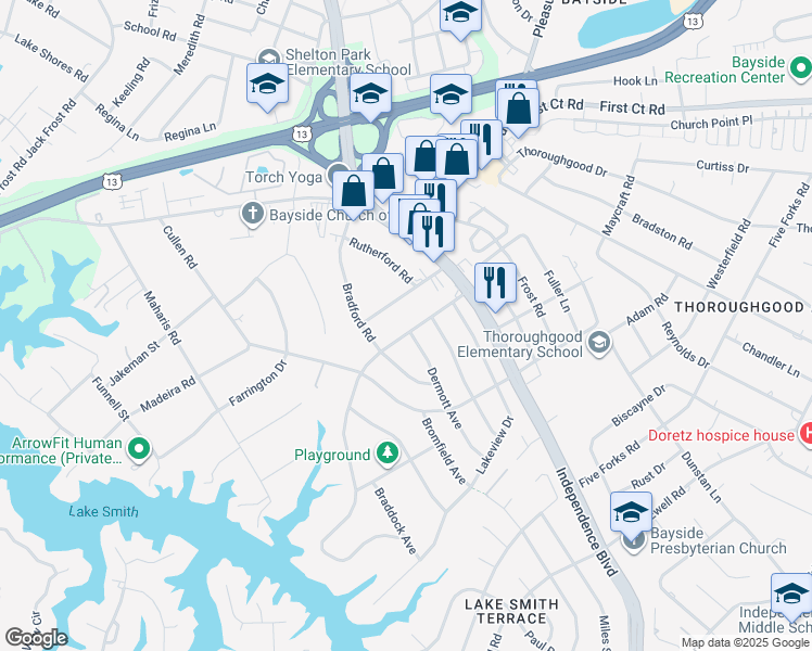 map of restaurants, bars, coffee shops, grocery stores, and more near 1436 Lakeside Road in Virginia Beach