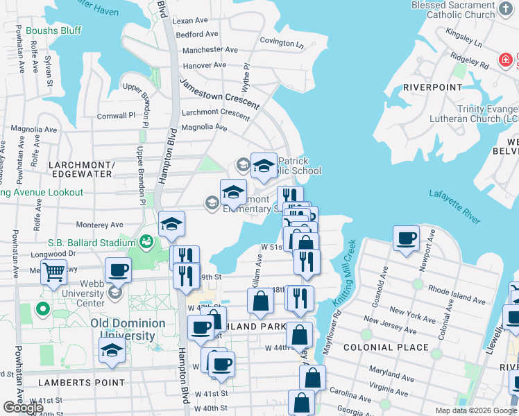 map of restaurants, bars, coffee shops, grocery stores, and more near 1001 Bolling Avenue in Norfolk