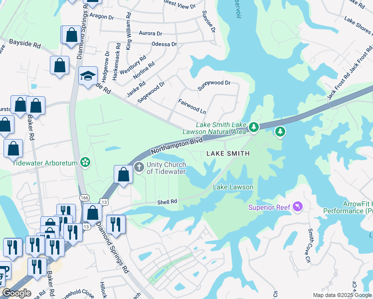 map of restaurants, bars, coffee shops, grocery stores, and more near 1435 Pandoria Court in Virginia Beach