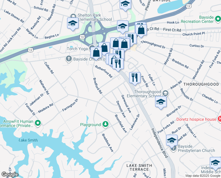 map of restaurants, bars, coffee shops, grocery stores, and more near 1421 Lakeside Road in Virginia Beach
