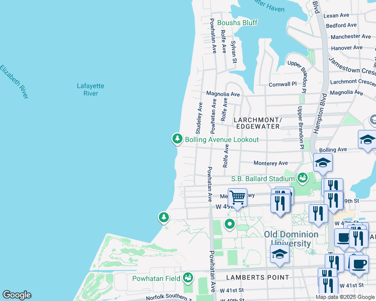 map of restaurants, bars, coffee shops, grocery stores, and more near 1707 Bolling Avenue in Norfolk