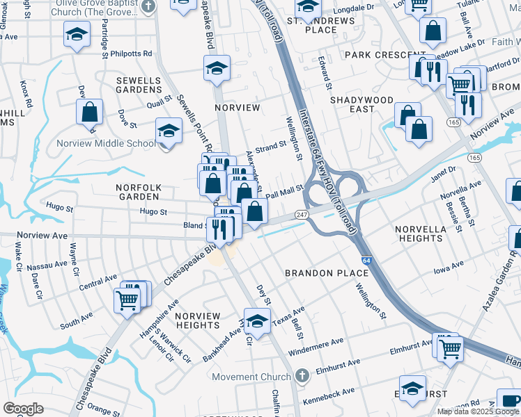 map of restaurants, bars, coffee shops, grocery stores, and more near 6123 Alexander Street in Norfolk