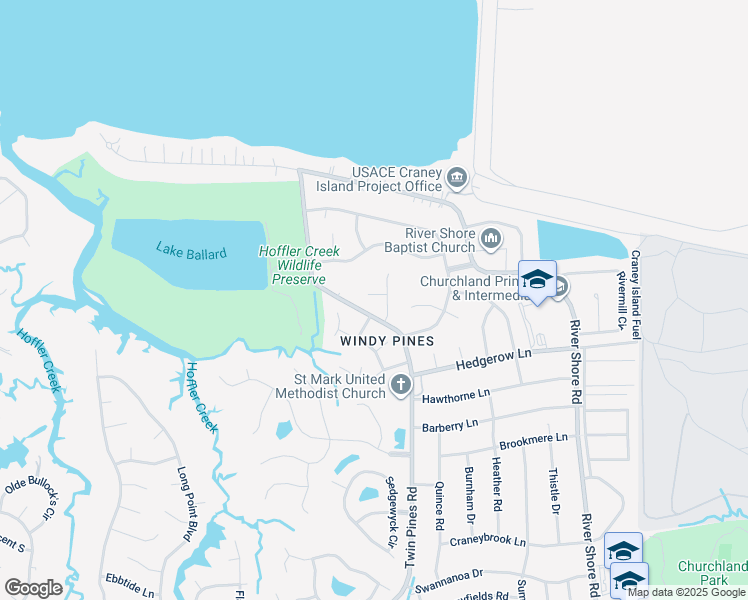 map of restaurants, bars, coffee shops, grocery stores, and more near 4403 Breezewood Court in Portsmouth