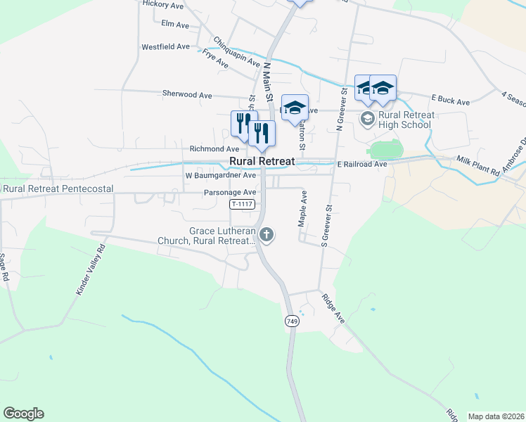map of restaurants, bars, coffee shops, grocery stores, and more near 431 South Main Street in Rural Retreat