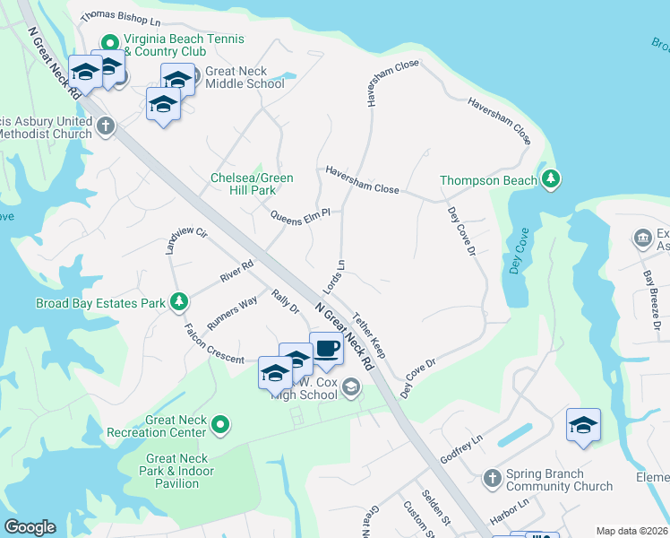 map of restaurants, bars, coffee shops, grocery stores, and more near 2113 Lords Landing in Virginia Beach