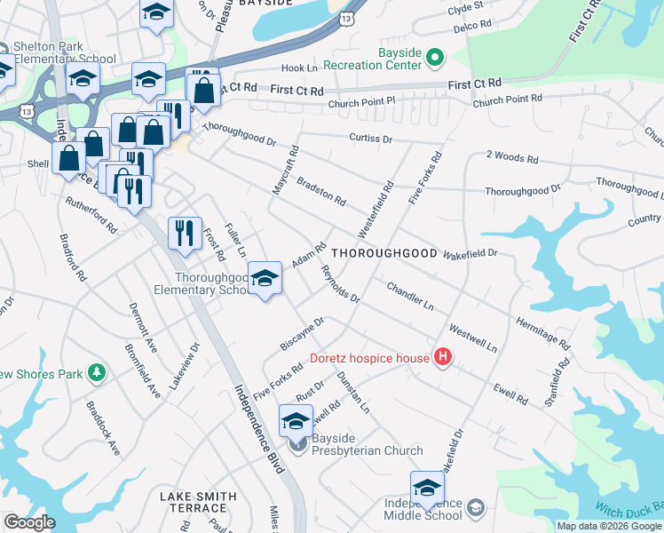 map of restaurants, bars, coffee shops, grocery stores, and more near 1528 Westerfield Road in Virginia Beach