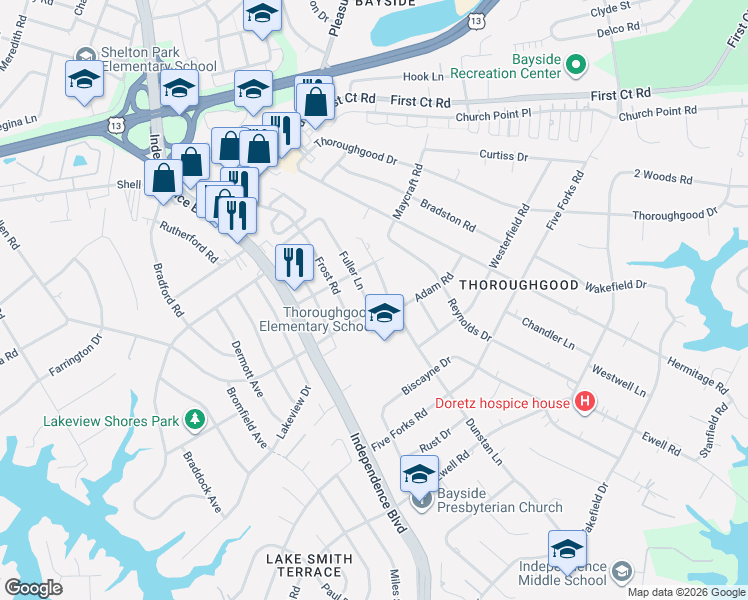 map of restaurants, bars, coffee shops, grocery stores, and more near 1501 Fuller Lane in Virginia Beach