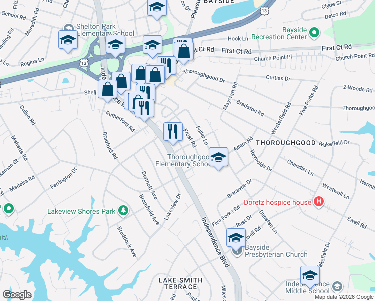 map of restaurants, bars, coffee shops, grocery stores, and more near 1517 Frost Road in Virginia Beach
