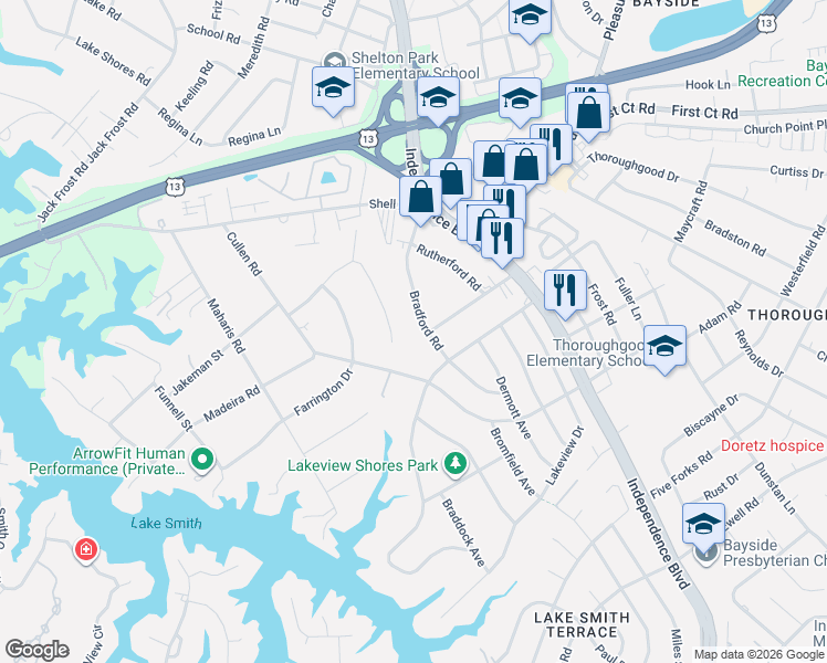 map of restaurants, bars, coffee shops, grocery stores, and more near 1449 Bradford Road in Virginia Beach
