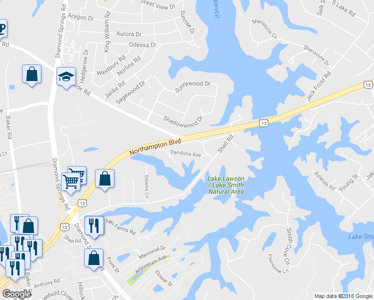 map of restaurants, bars, coffee shops, grocery stores, and more near 5344 Pandoria Avenue in Virginia Beach